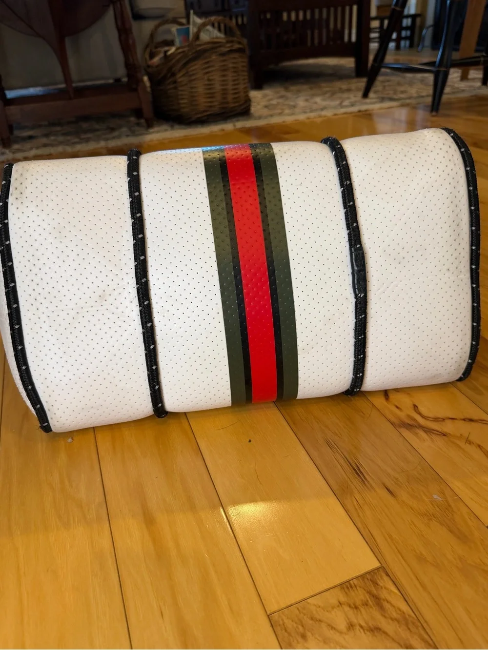 HAUTE SHORE White Neoprene Tote with Red and Green Center Stripe
